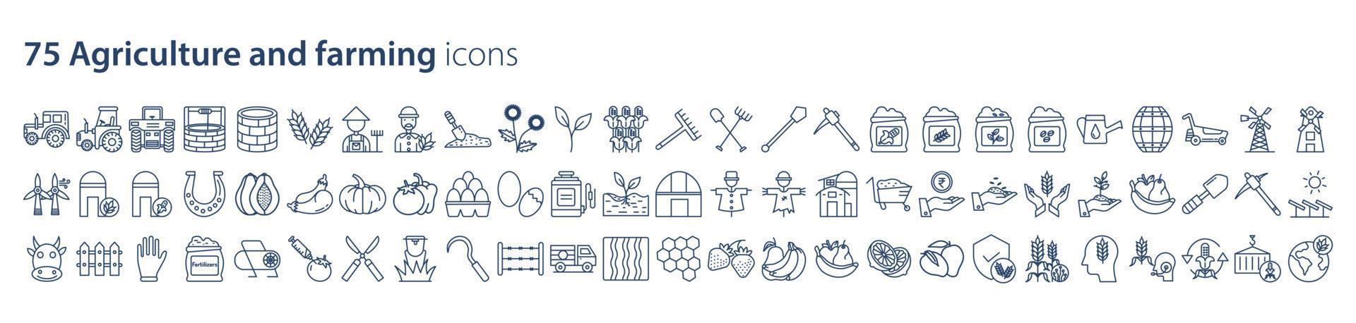 Collection of icons related to Agriculture and farming, including icons like Leaf, tractor, food, fruit, garden and more. vector illustrations, Pixel Perfect