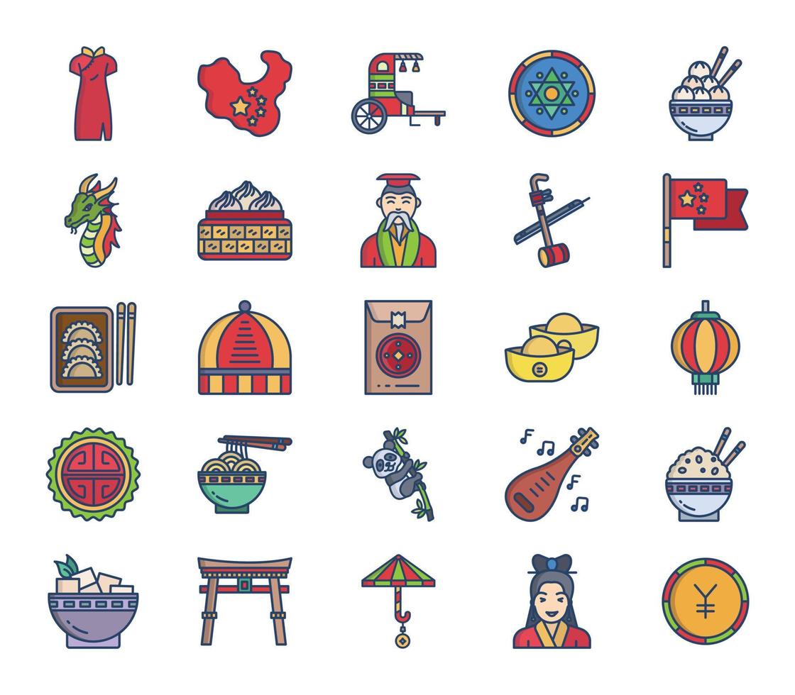 conjunto de iconos de nación y cultura china vector