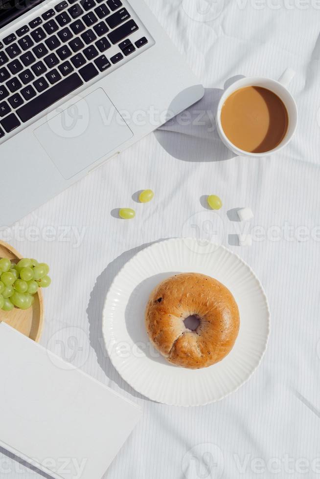 breakfast with coffee bread and fruit photo