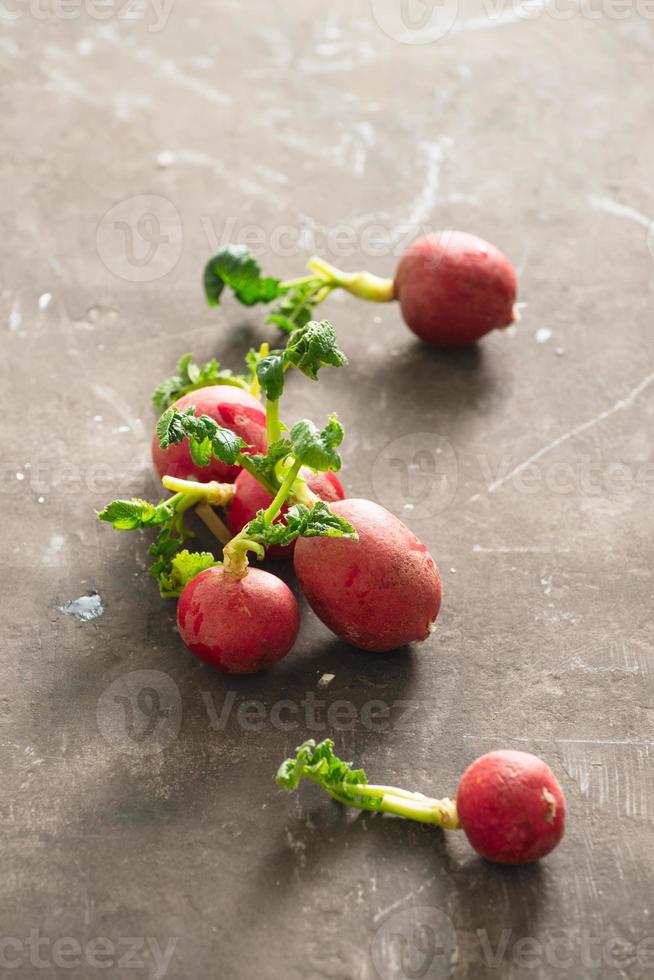 Summer harvest red radish. Growing organic vegetables. Raw fresh juicy garden radish on dark boards ready to eat. photo