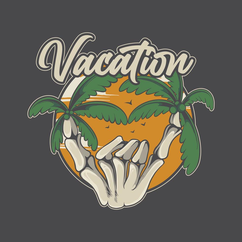 ilustración de logotipo de diseño de mano de cráneo y coco de estilo vintage con texto de vacaciones vector