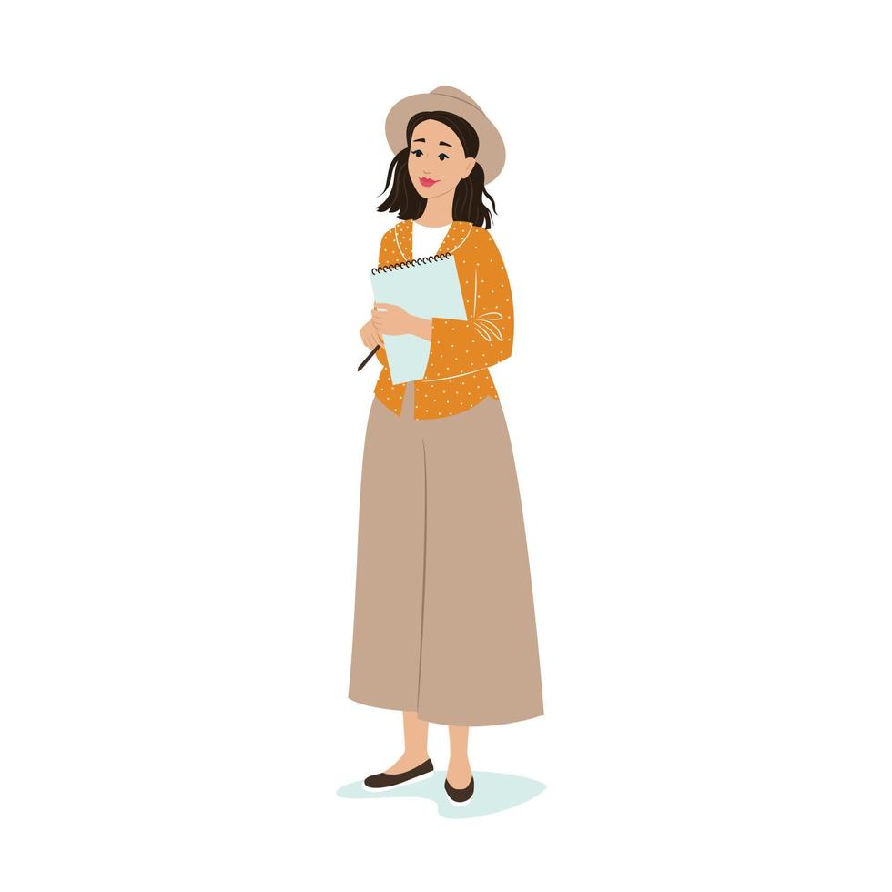 A girl in a hat and wide pants holds a sketchbook and a pencil in her hands. Profession Artist. Vector illustration