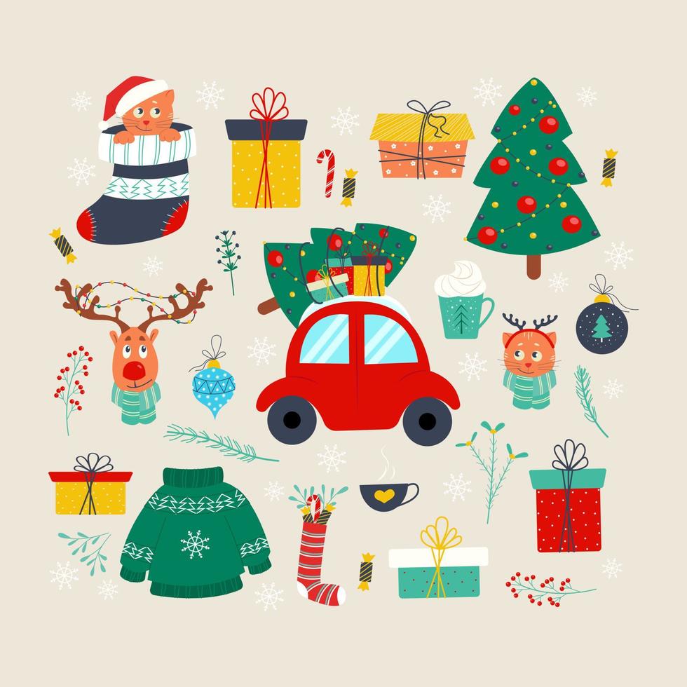 Christmas set in flat cartoon style. Christmas tree, gifts, funny animals. vector