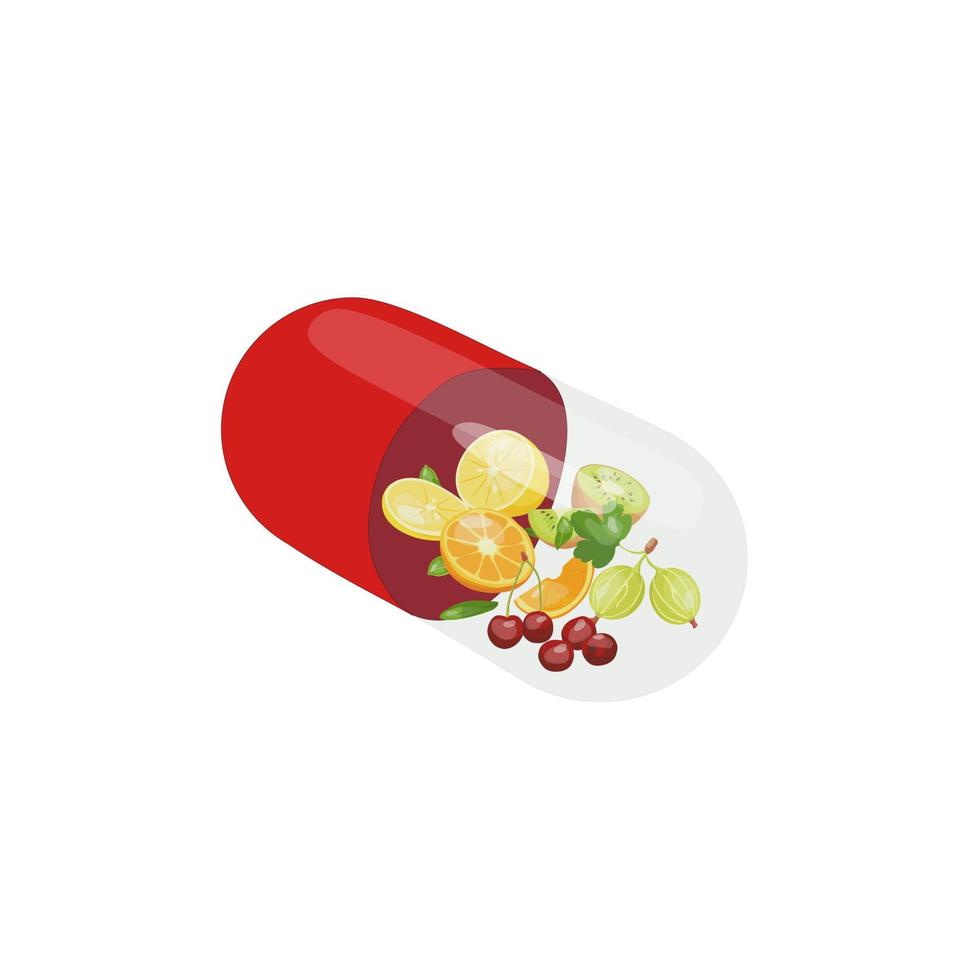 Capsule with fruit inside. Vector illustration in cartoon style. Dietary supplement.