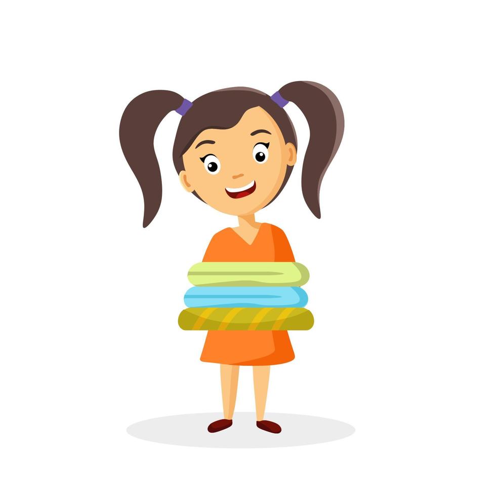 niña feliz proporciona ropa limpia. concepto de limpieza. ilustración de dibujos animados vectoriales. vector