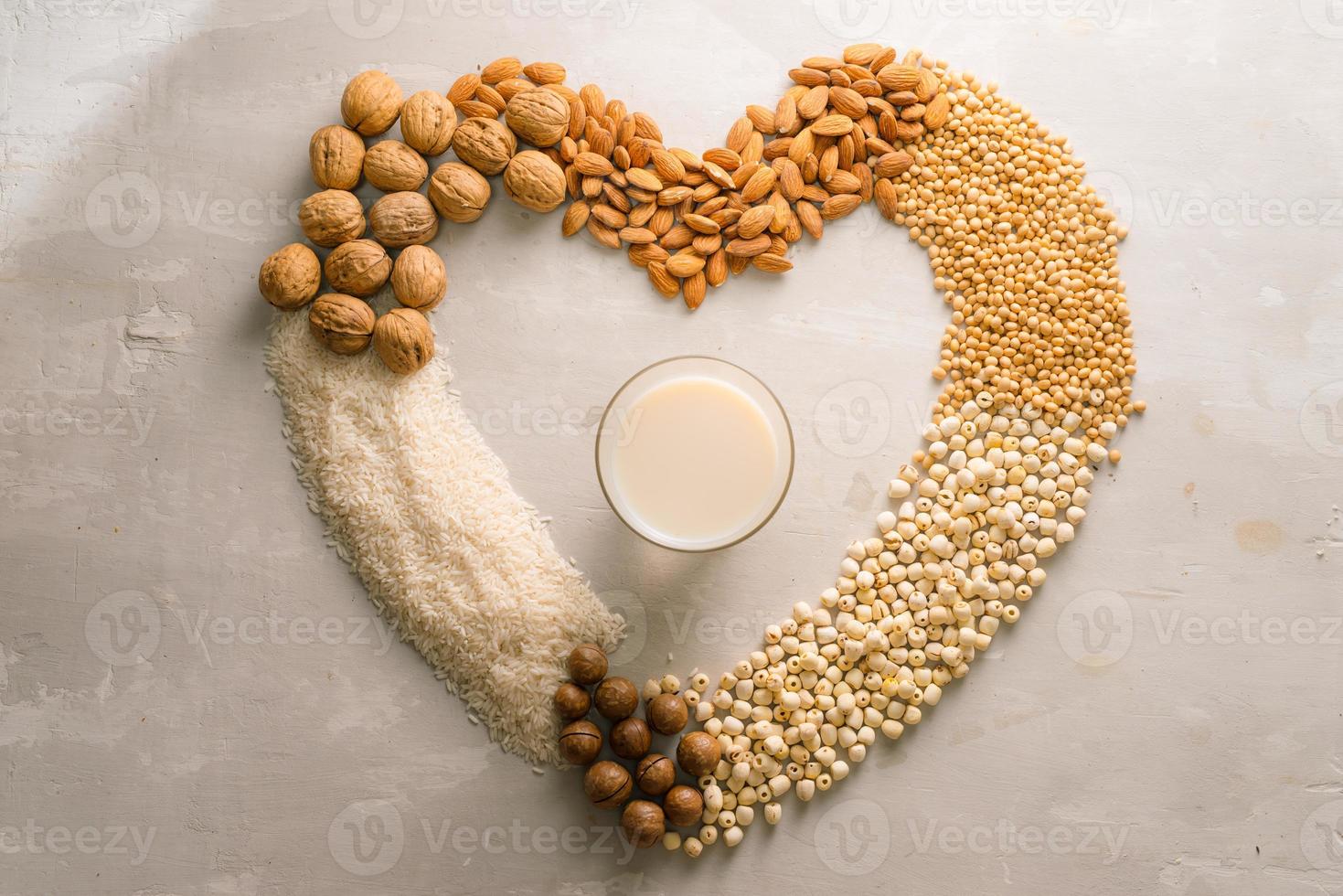 Glasses of milk with nuts Macadamia, almond, soy, rice, lotus. Top view. photo
