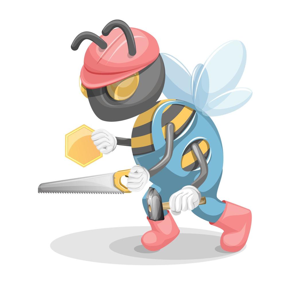 Vector image of a bee in construction uniform with tools. Cartoon style. Isolated on white background. EPS 10