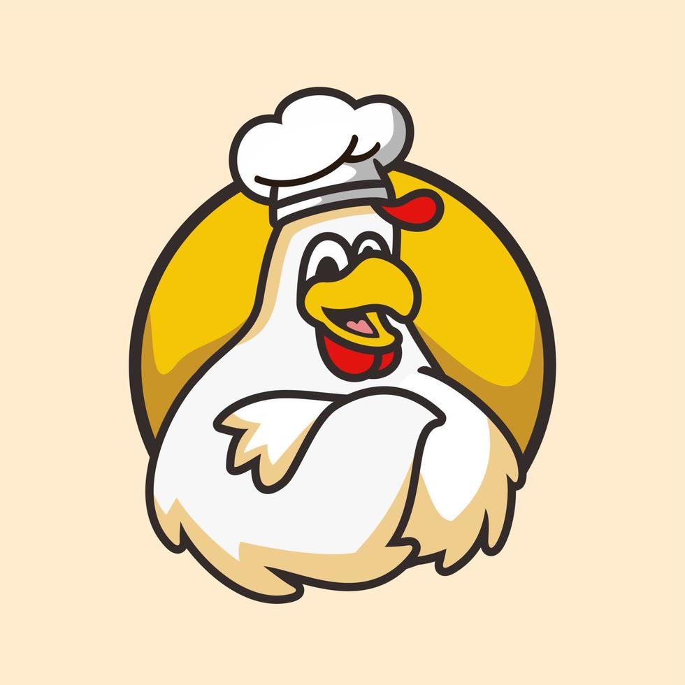 mascota de personaje de dibujos animados de chef de pollo, estilo de diseño plano vector