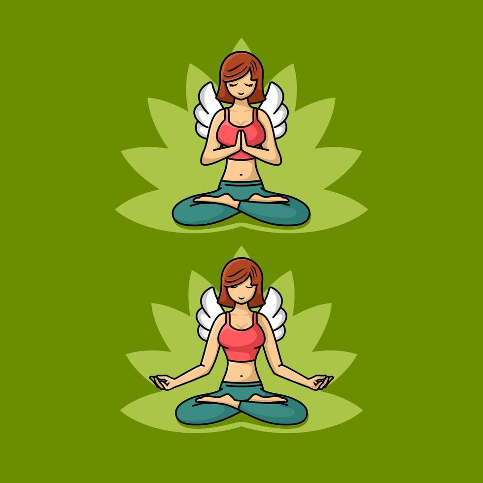 Girl with wings doing yoga in lotus cartoon set illustration, flat design style vector