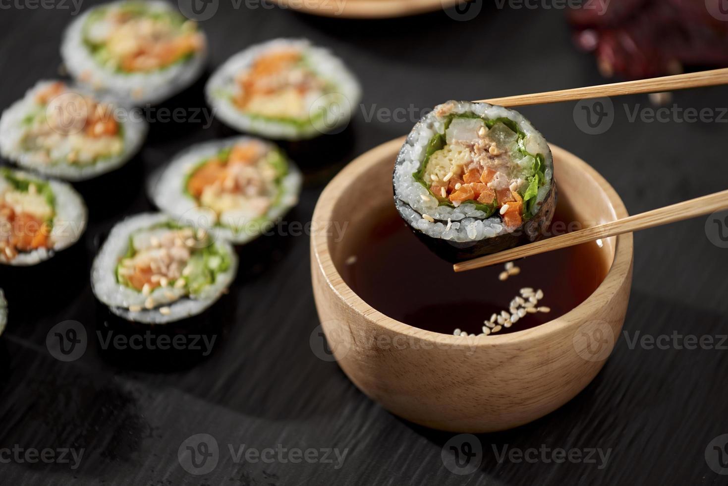 Korean roll Gimbap kimbob made from steamed white rice bap and various other ingredients photo