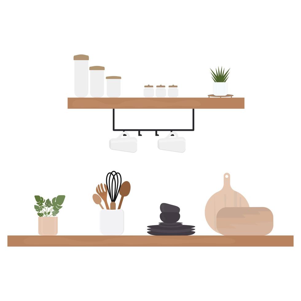 Dishes on the shelves, plates, soup bowls, a set of cutlery, indoor green plants, cutting boards vector