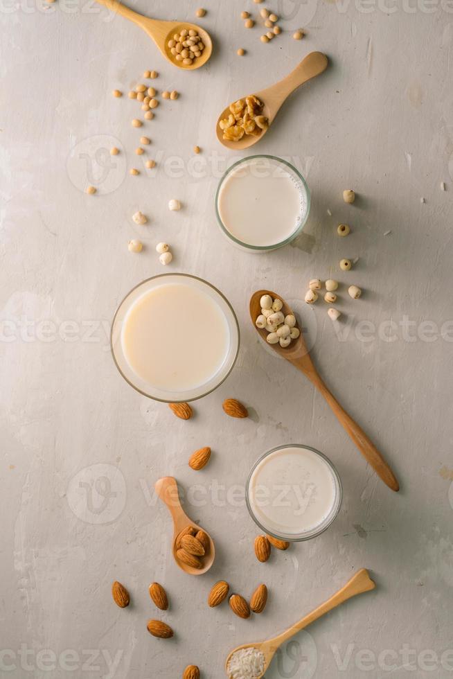 Glasses of milk with nuts Macadamia, almond, soy, rice, lotus. Top view. photo