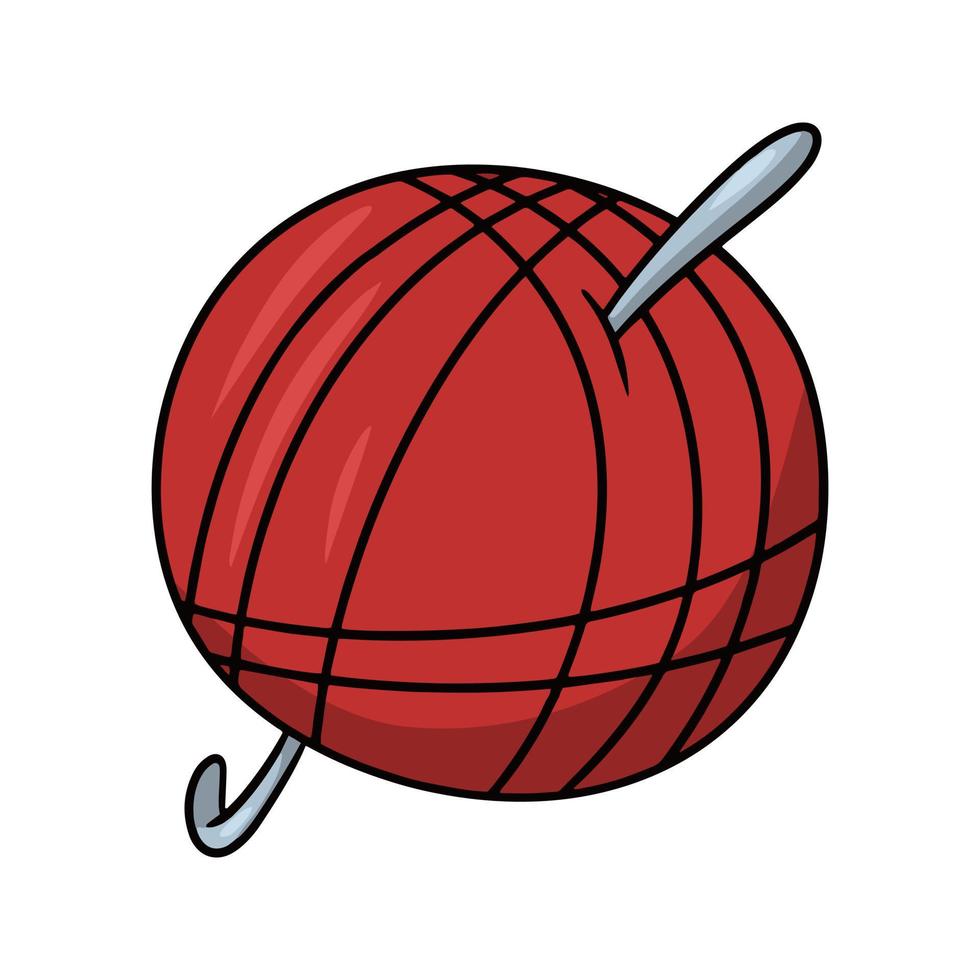 bola roja brillante de hilo de tejer con ganchillo de metal, ilustración vectorial en estilo de dibujos animados vector