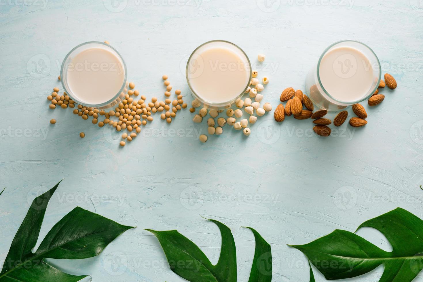 Glasses of milk Almond, soy and lotus seed. Top view. photo