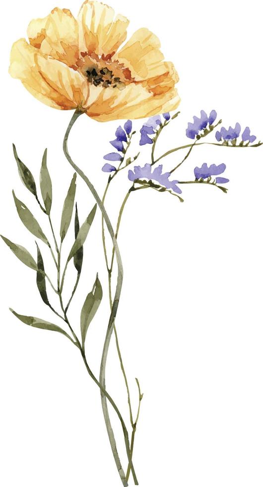 ramo delicado con flor amarilla, ilustración acuarela aislado sobre fondo blanco. vector