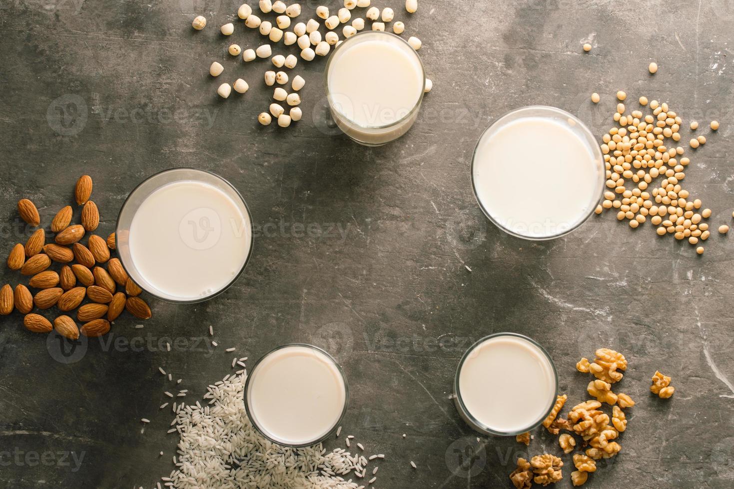 Glasses of milk with nuts Macadamia, almond, soy, rice, lotus. Top view. photo