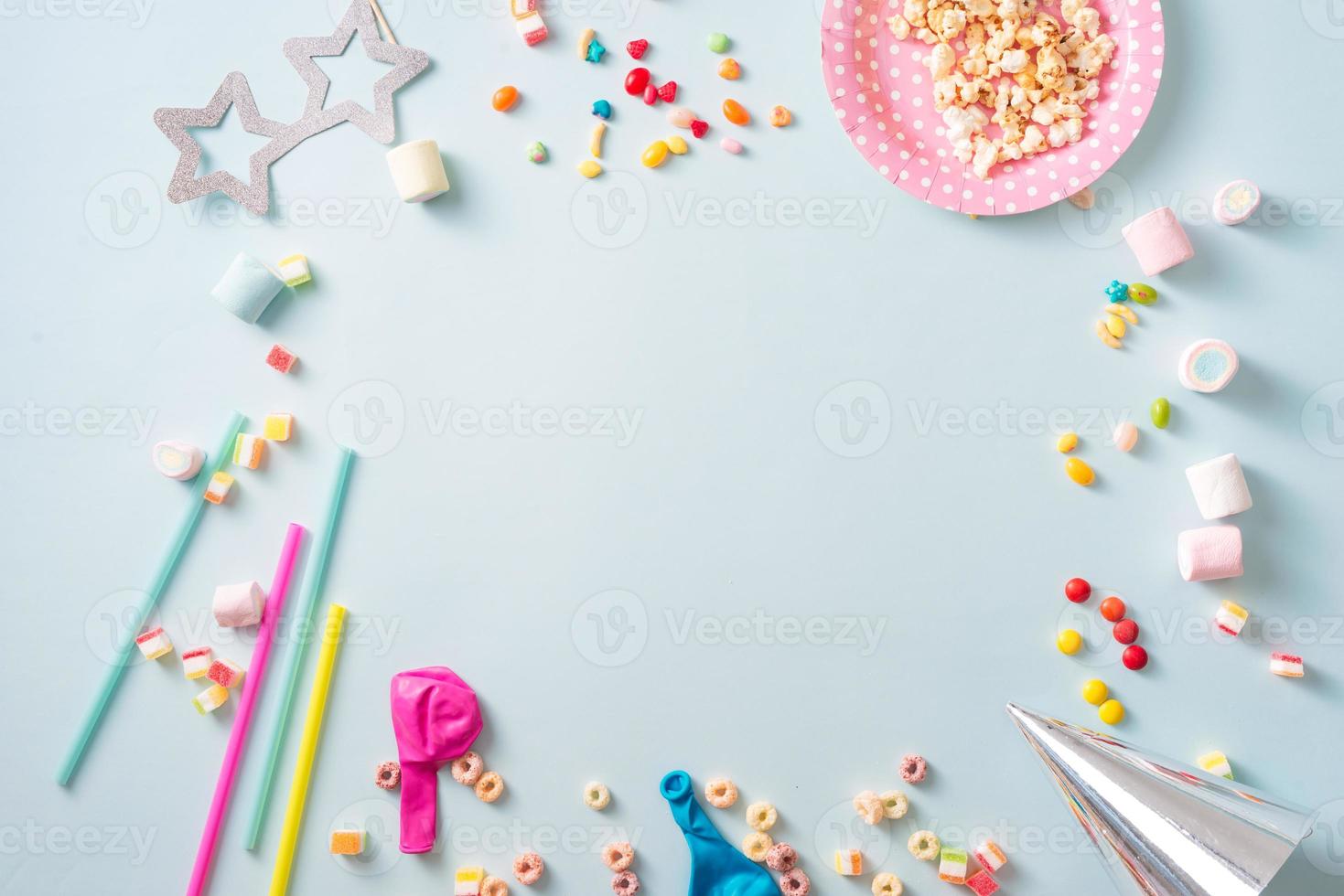 Decoration for the party. design concept. wooden blue background. Top view. photo