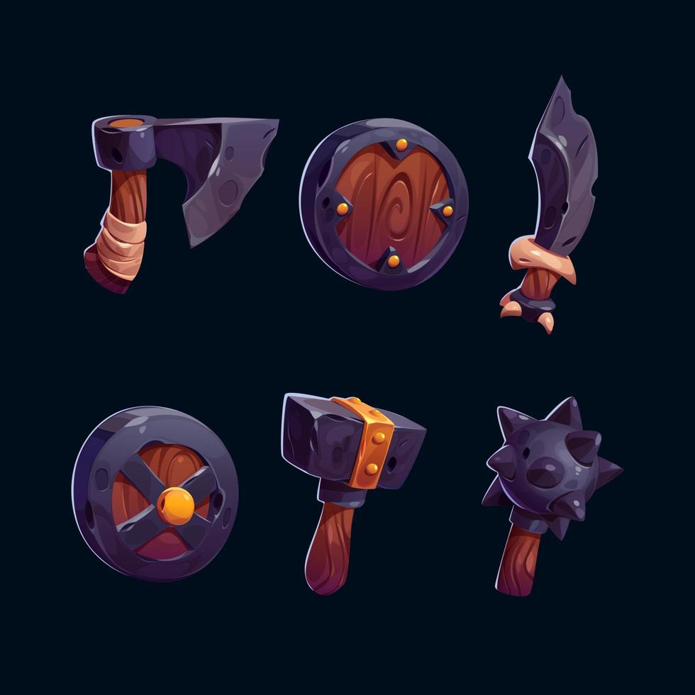 Cartoon set of ancient weapons isolated on black vector