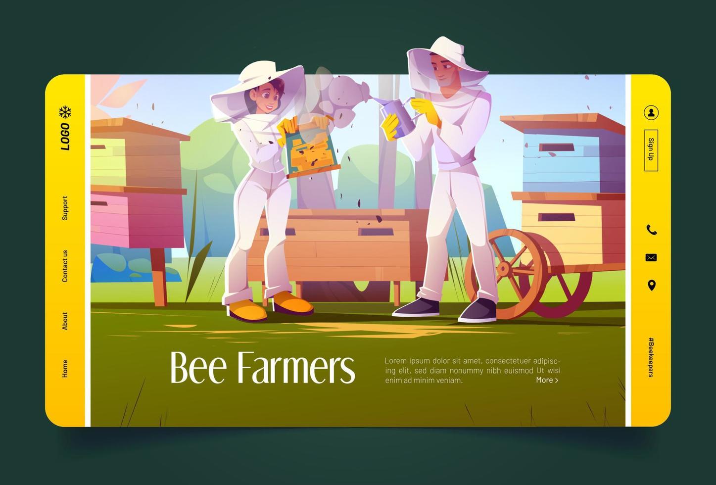 Bee farmers cartoon landing page, beekeepers work vector