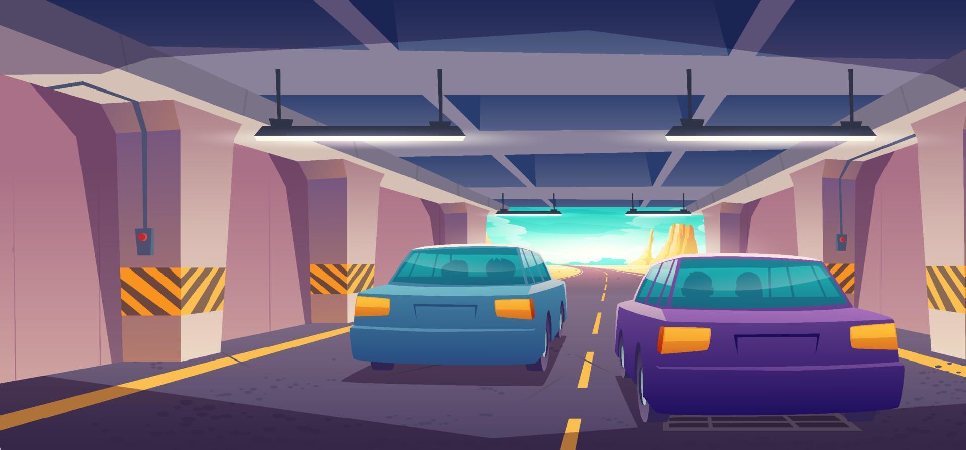Car exit underground tunnel rear view, highway vector