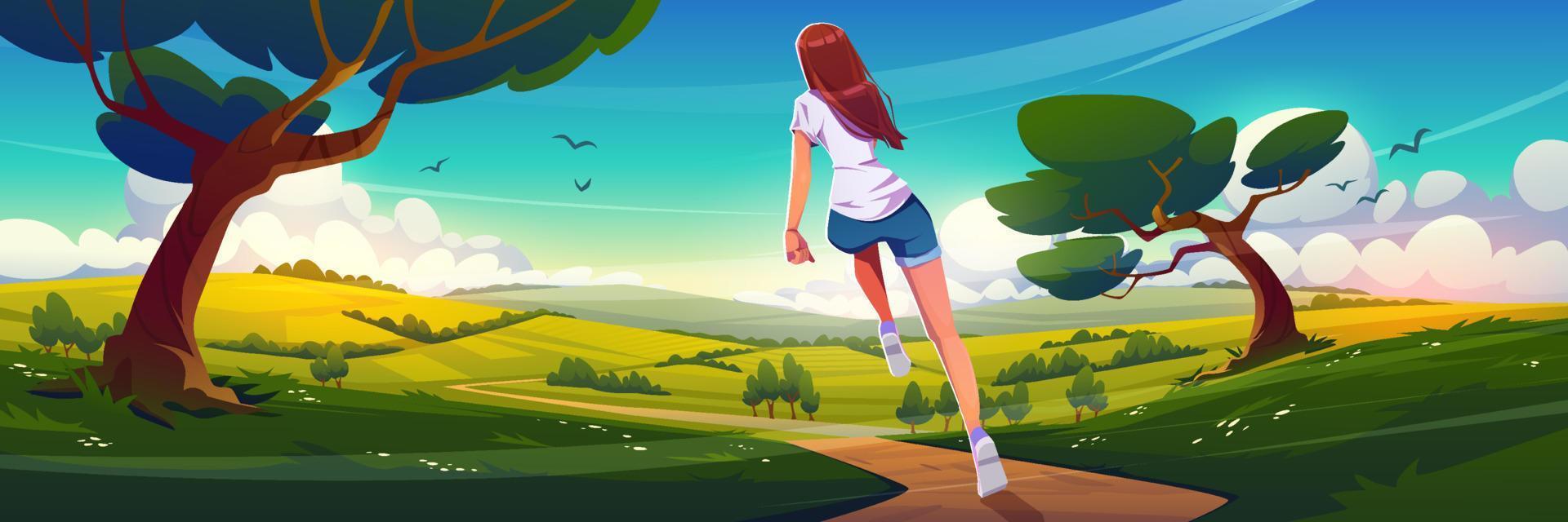 Countryside scene with girl runs on road vector