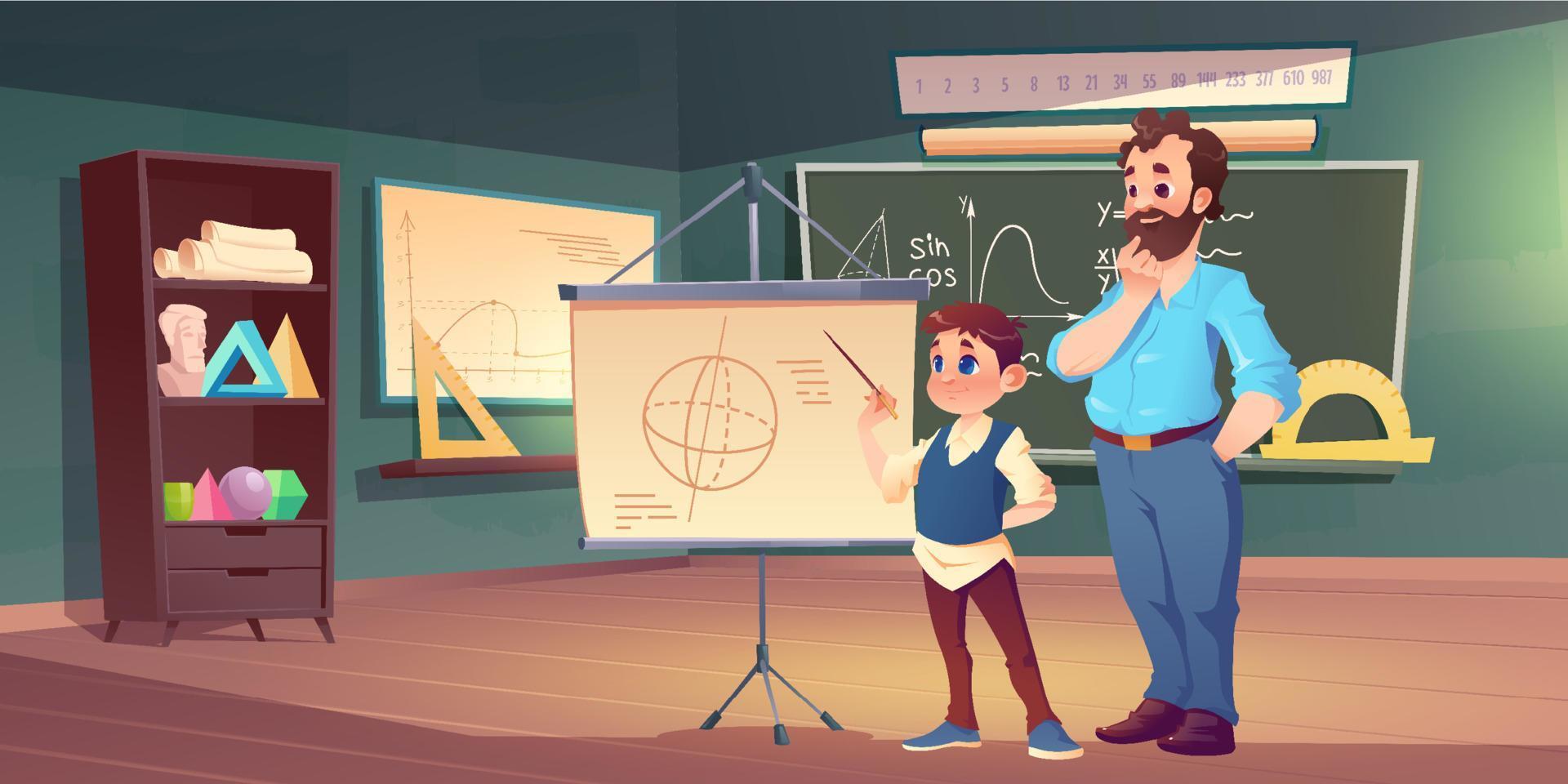 Mathematics class in school with teacher and boy vector