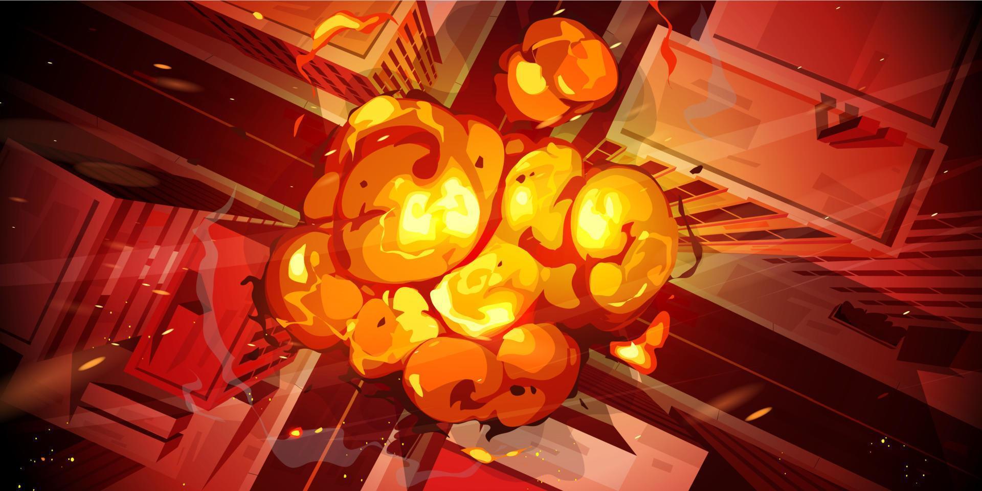 Nuclear explosion in city top view, fiery mushroom vector