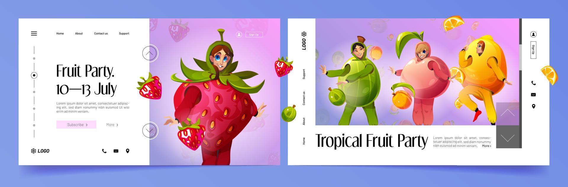 aterrizaje de dibujos animados de fiesta de frutas tropicales, invitación vector