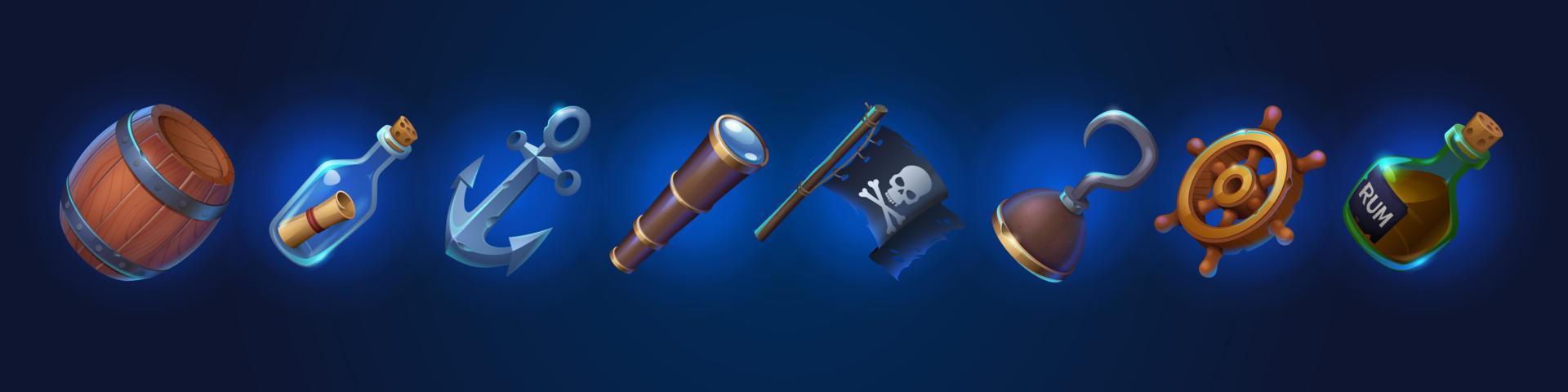Pirate game icons, cartoon user interface elements vector
