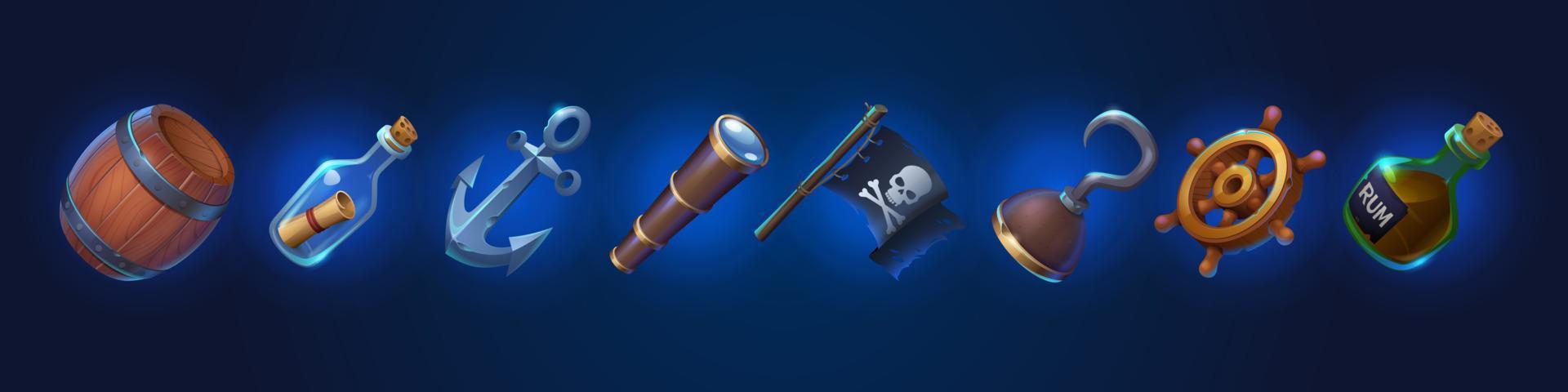 iconos de juegos piratas, elementos de interfaz de usuario de dibujos animados vector