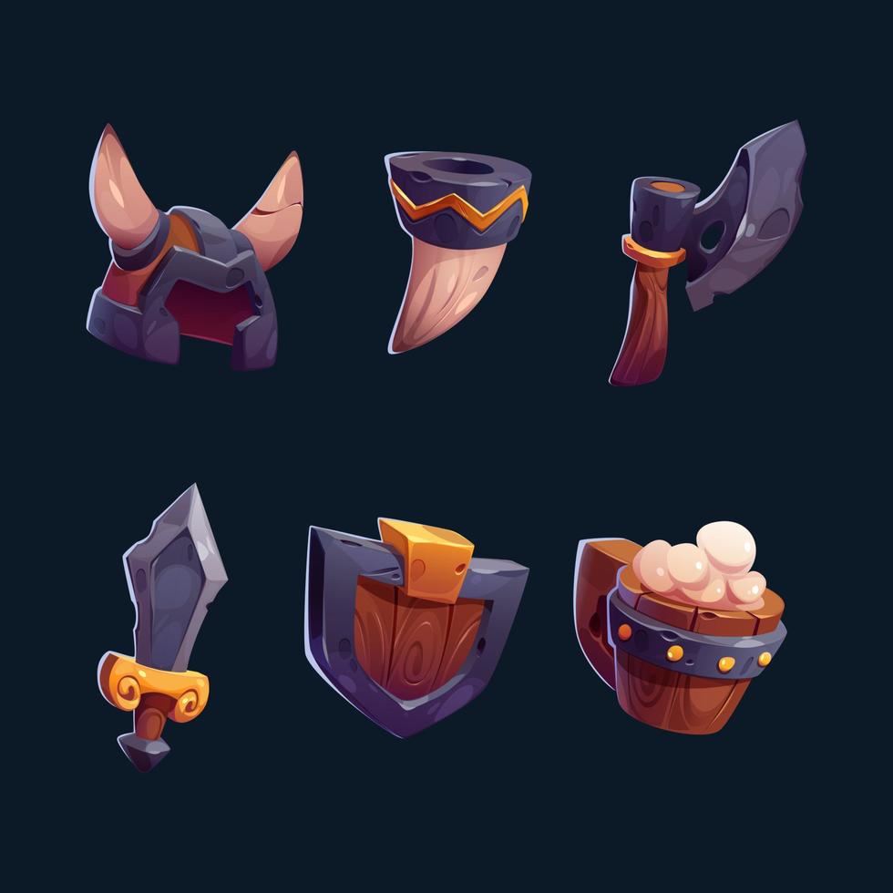 Viking icons with helmet, axe, shield, bugle horn vector