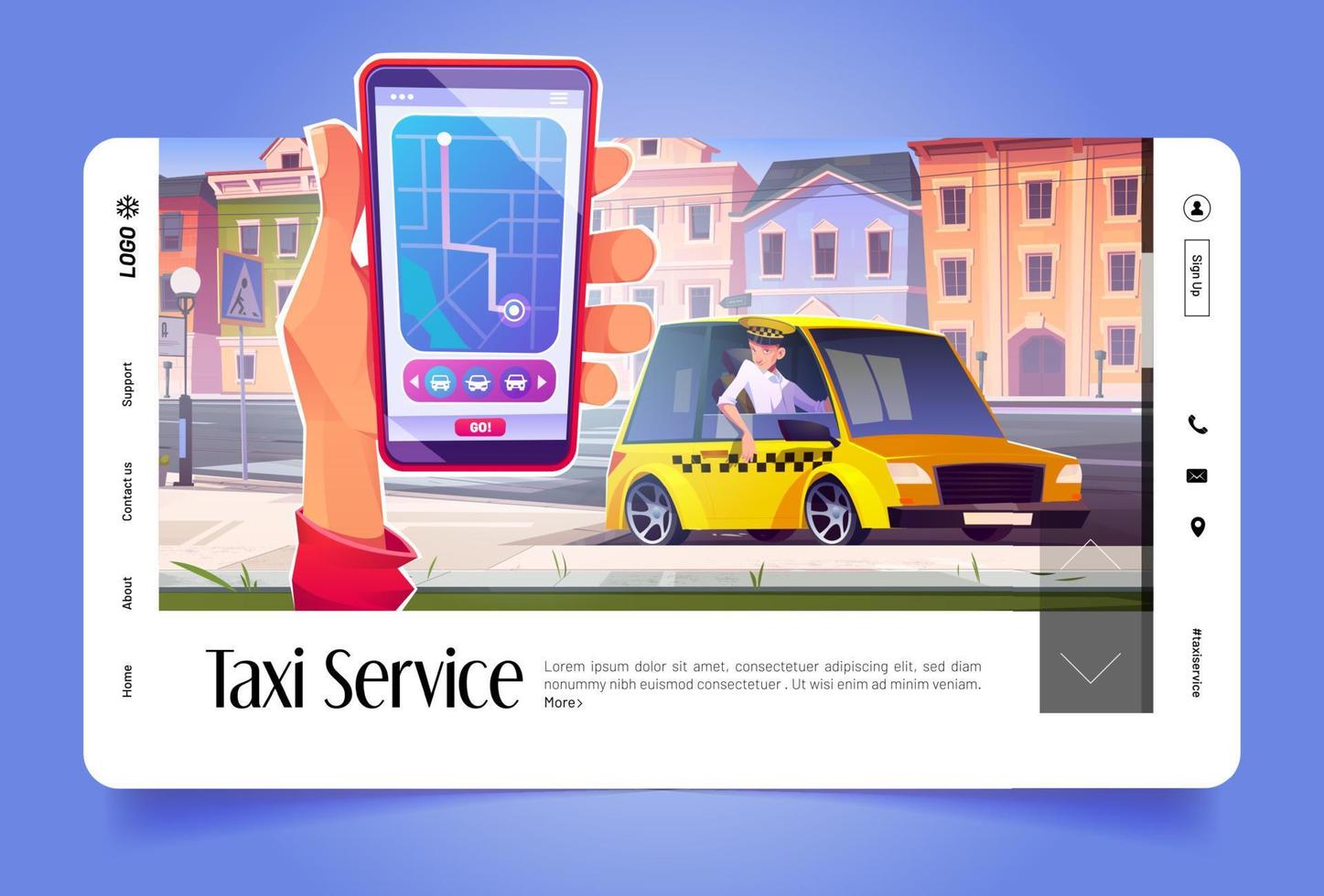Taxi service cartoon landing page, smartphone app vector