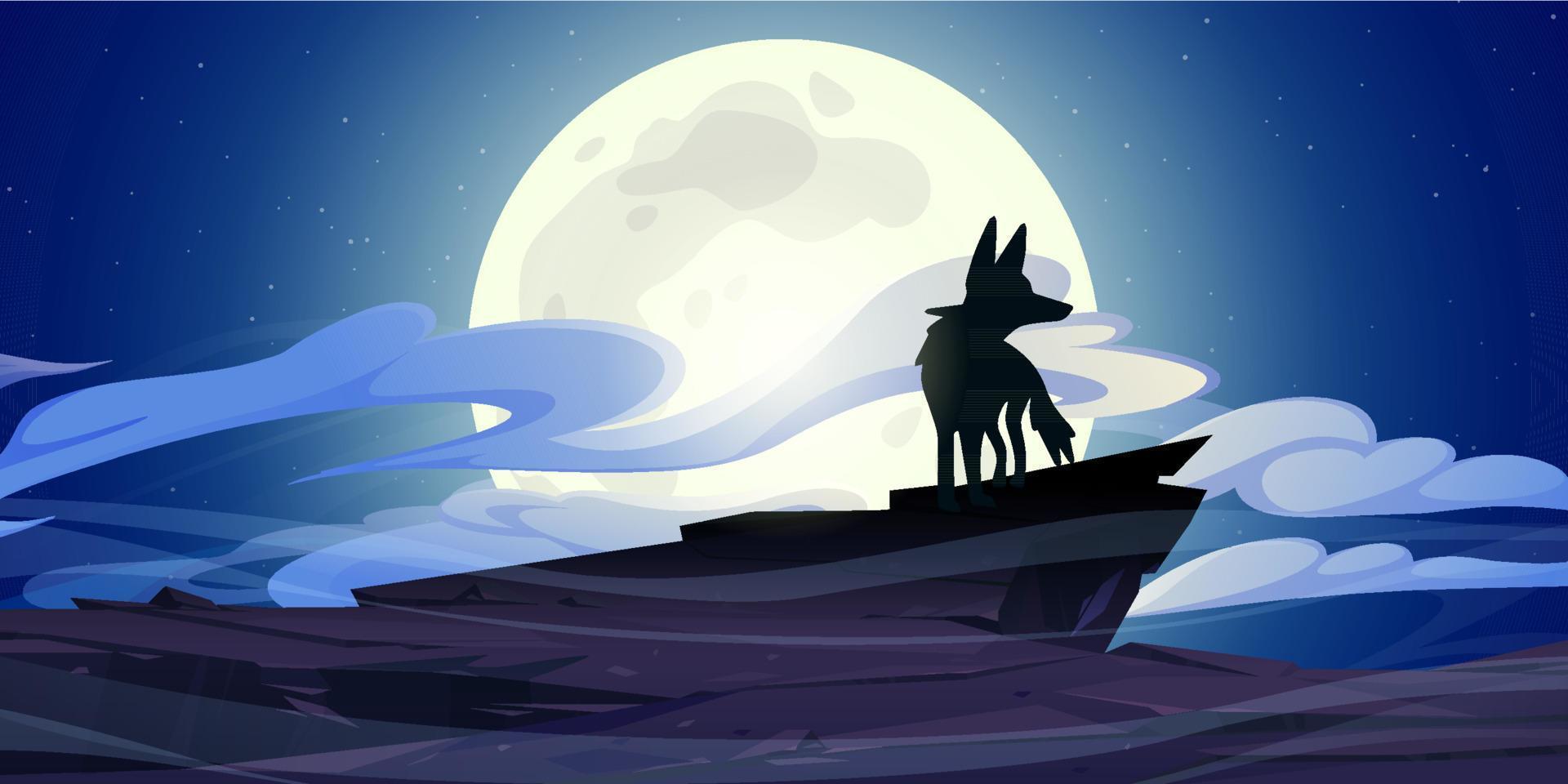 Wolf stand on rock cliff at night with full moon vector