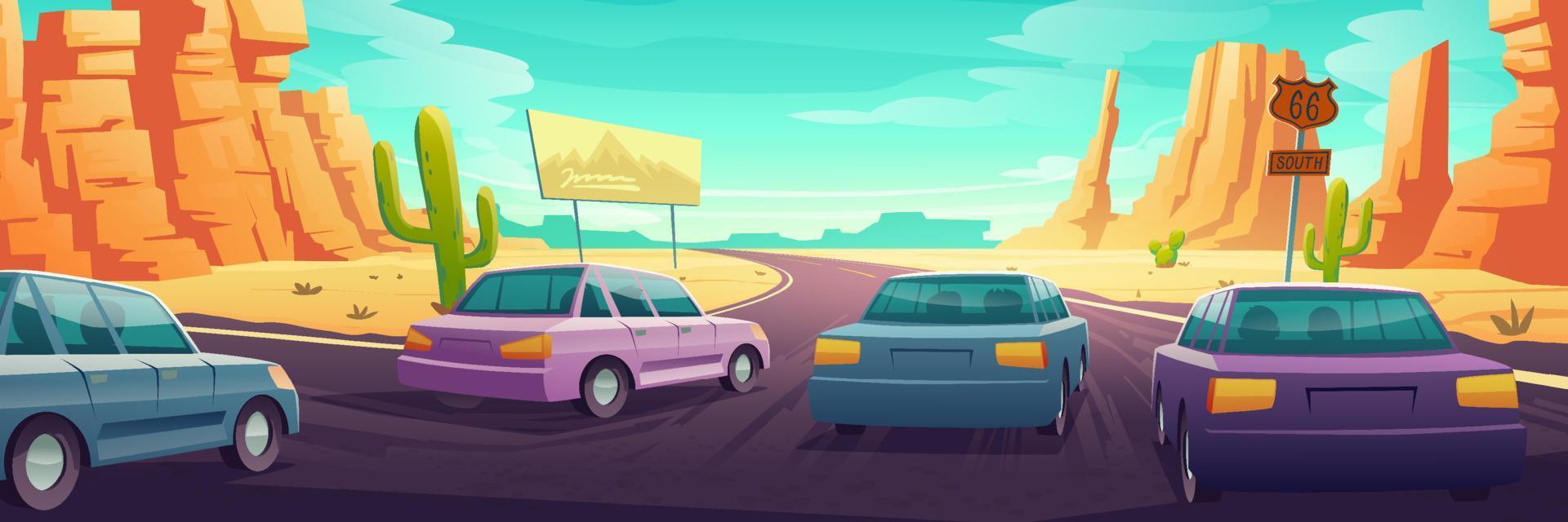 Desert landscape with cars drive on highway vector
