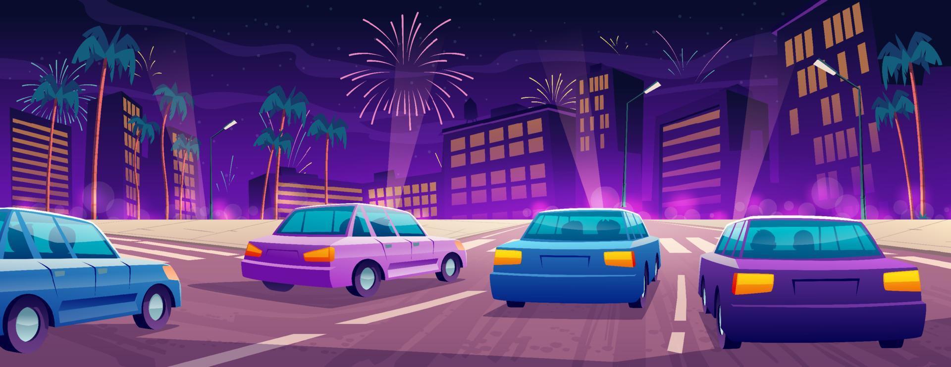 Cars driving at night city highway with palm trees vector