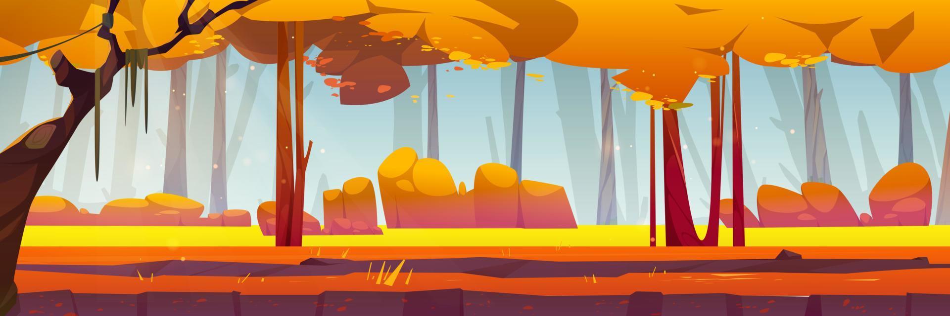 Cartoon autumn forest, wood nature 2d landscape vector