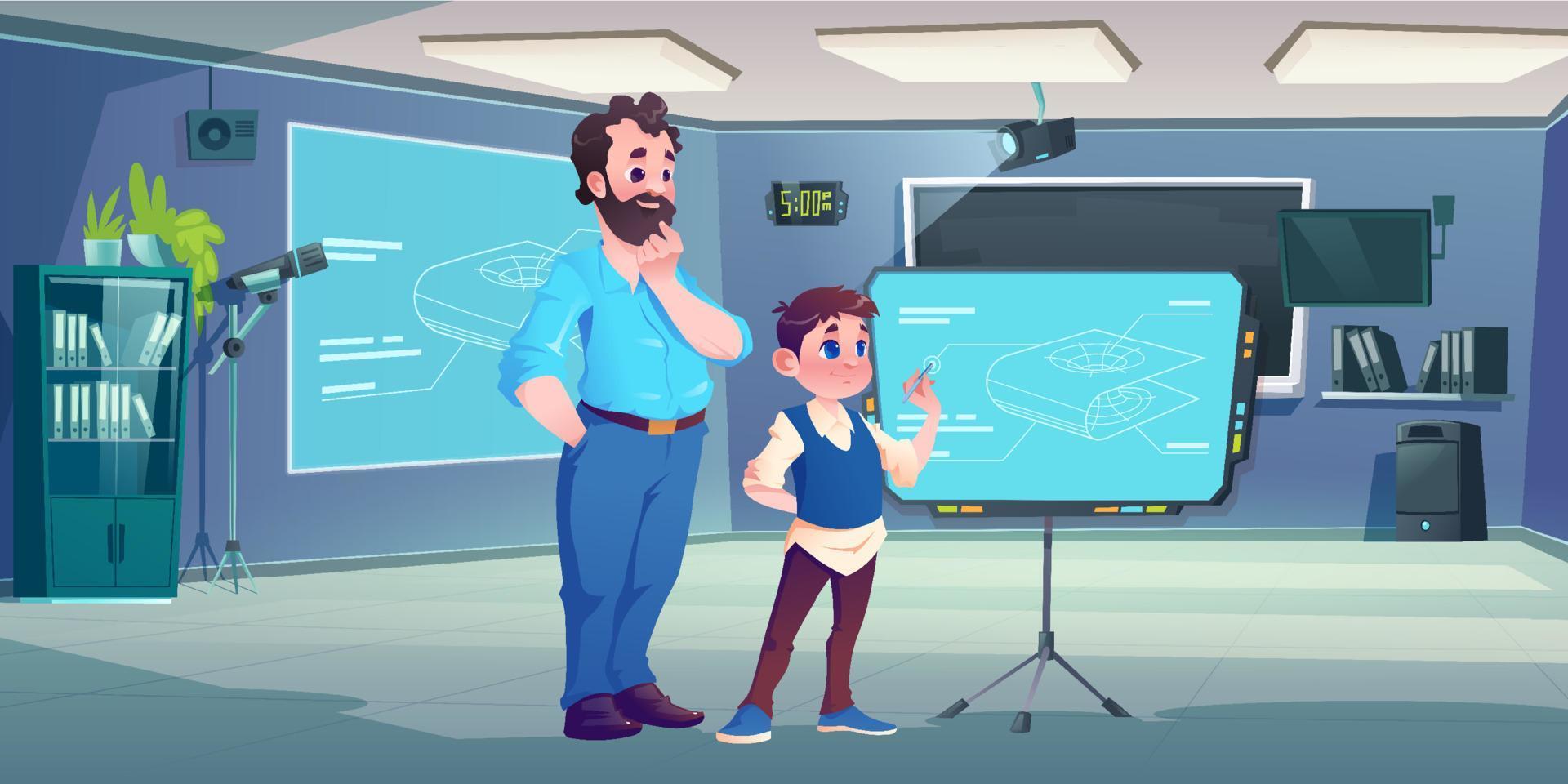 maestro y niño en el aula de informática en la escuela vector