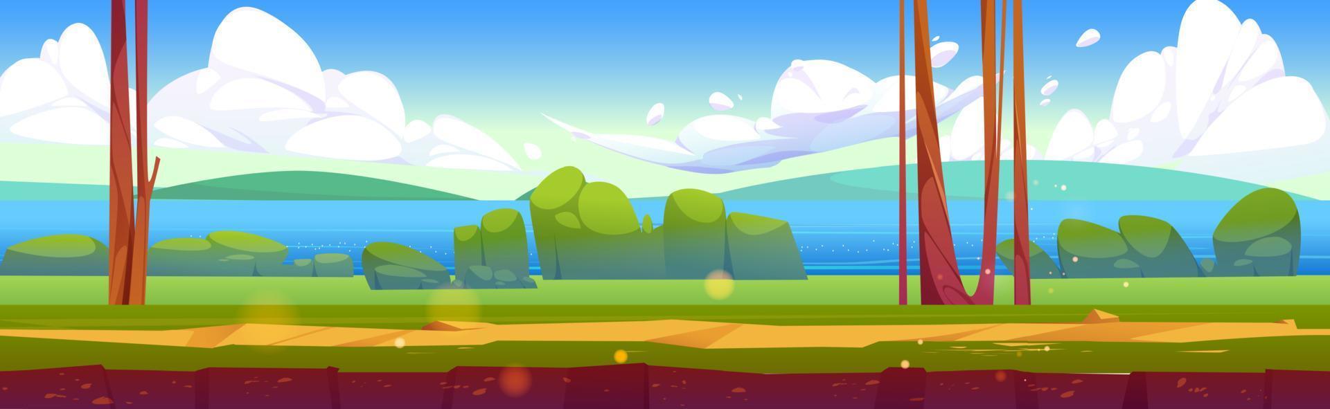 paisaje de naturaleza de dibujos animados, fondo de verano 2d vector