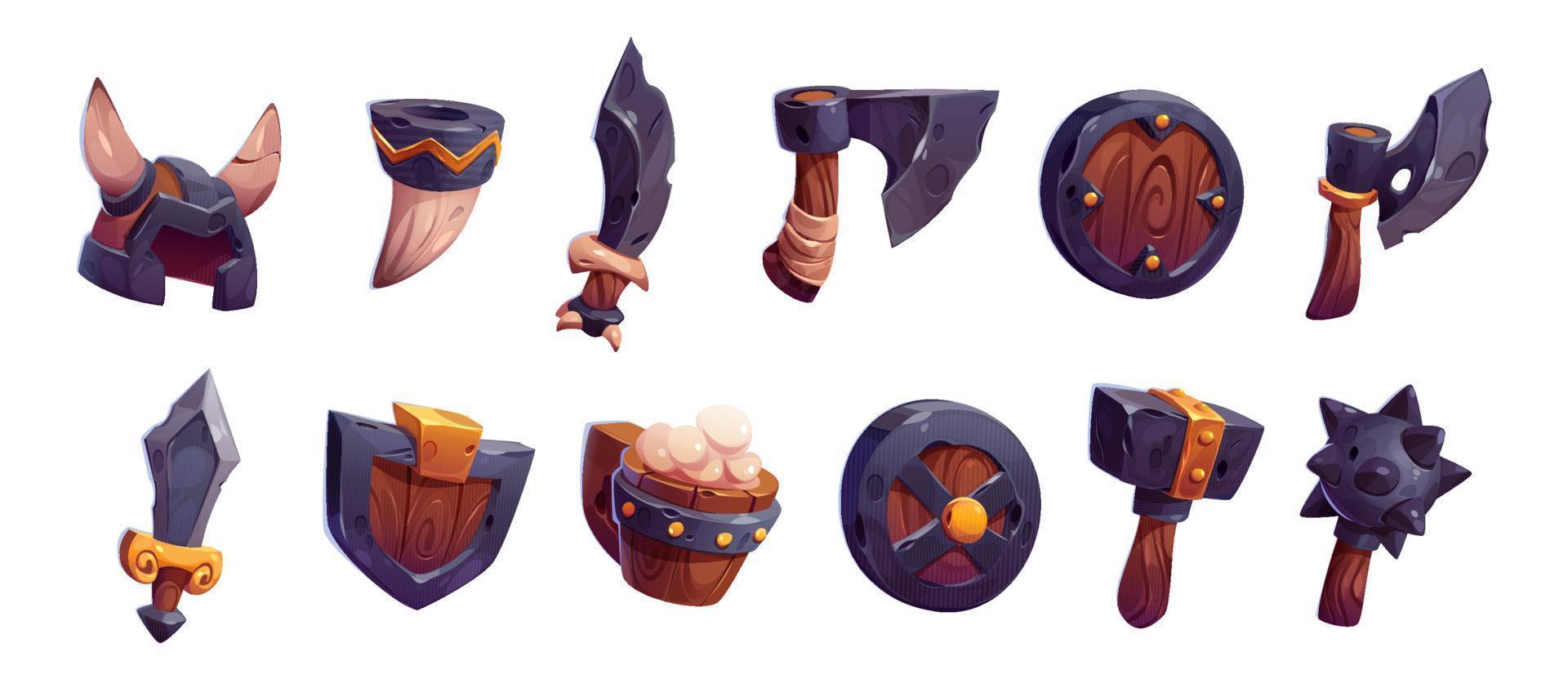 Viking game props icons, ui rpg game design assets vector