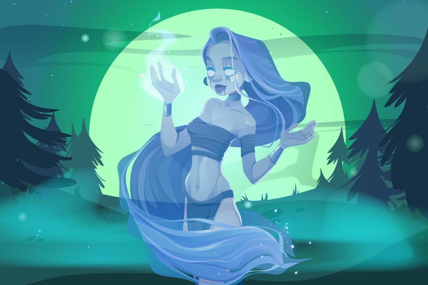 Magic woman ghost in night forest, creepy nymph vector