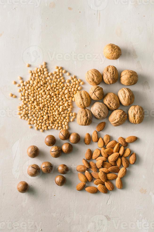 Mix of nuts Macadamia, almond, soy, walnut. Top view. photo