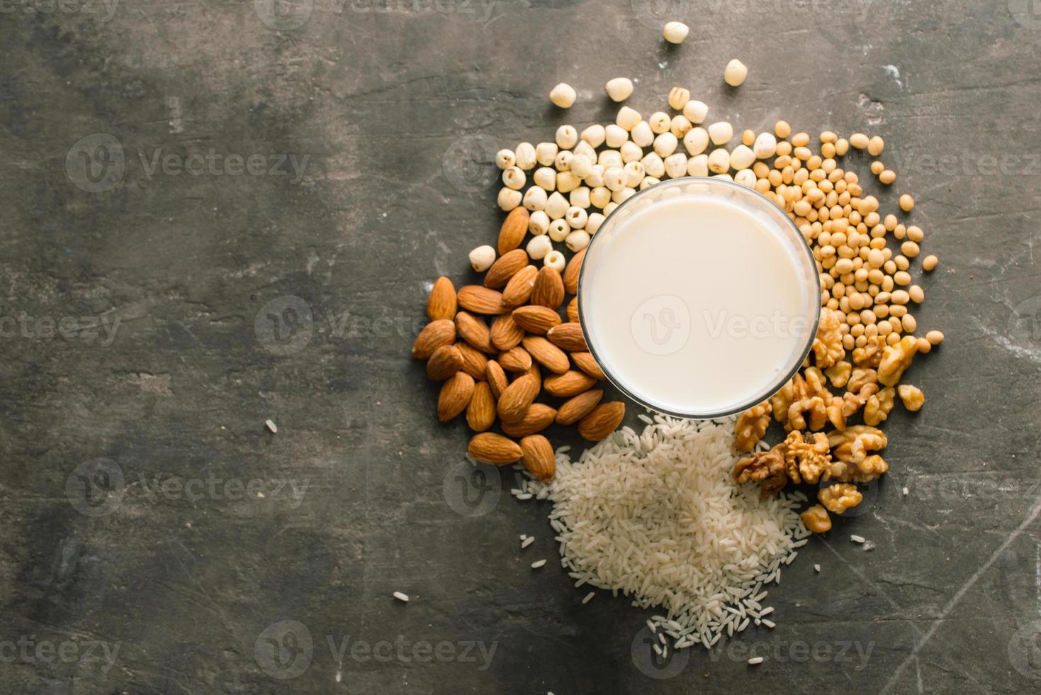 Glasses of milk with nuts Macadamia, almond, soy, rice, lotus. Top view. photo