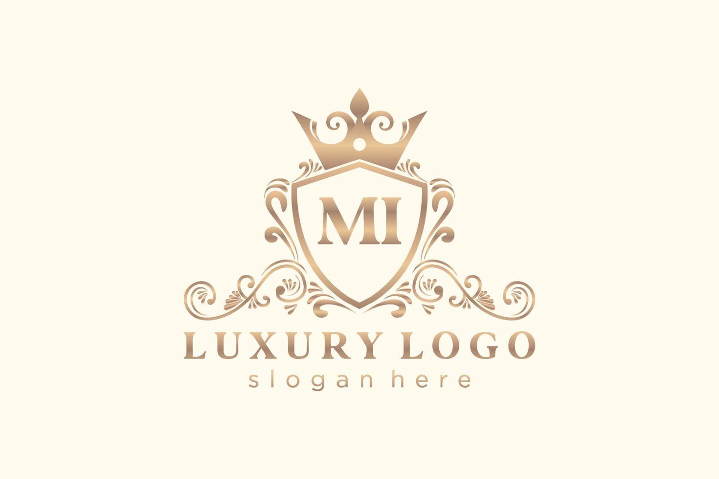 Initial MI Letter Royal Luxury Logo template in vector art for Restaurant, Royalty, Boutique, Cafe, Hotel, Heraldic, Jewelry, Fashion and other vector illustration.