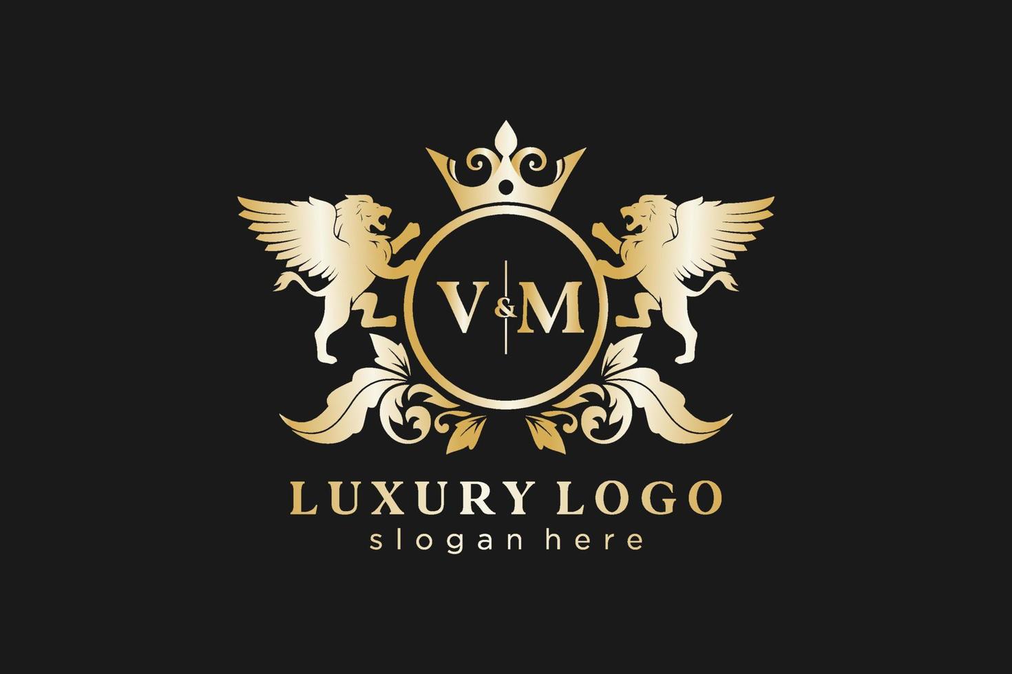 plantilla de logotipo de lujo real de león de letra vm inicial en arte vectorial para restaurante, realeza, boutique, cafetería, hotel, heráldica, joyería, moda y otras ilustraciones vectoriales. vector