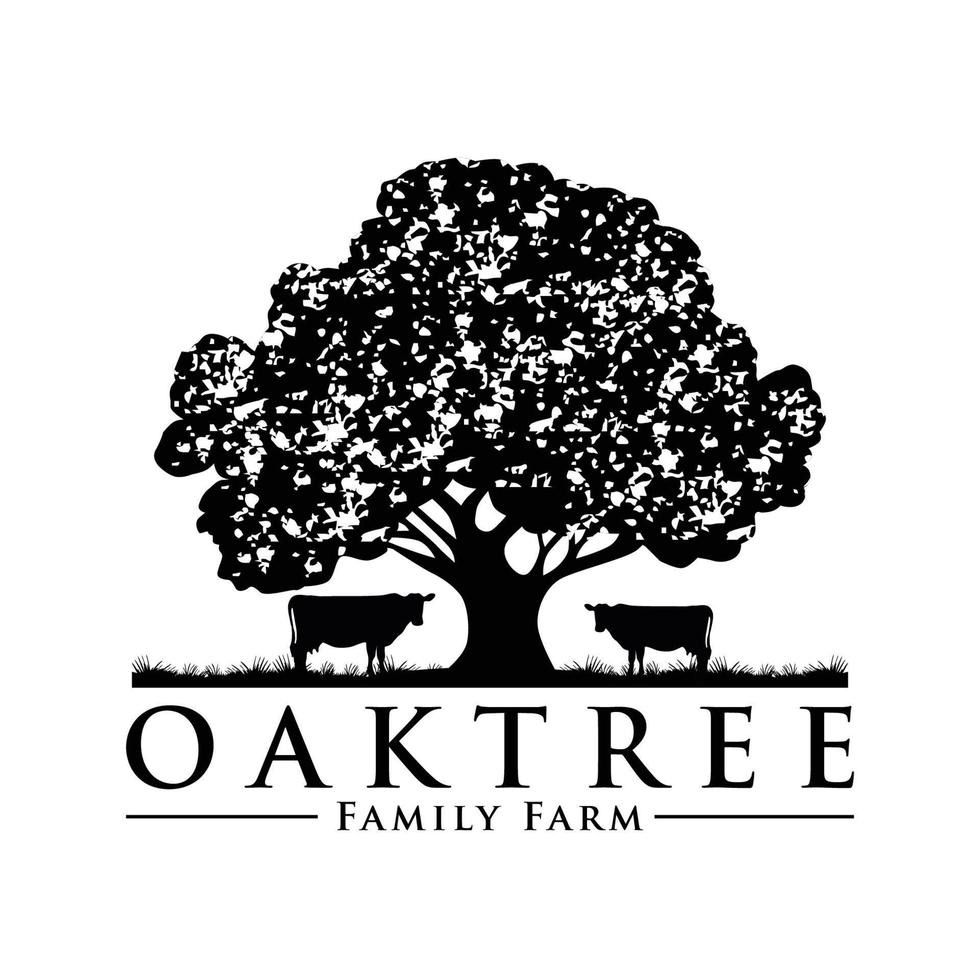 Oak Tree with Cow Cattle on the Bottom Illustration Hand Drawing Symbol Logo Vector