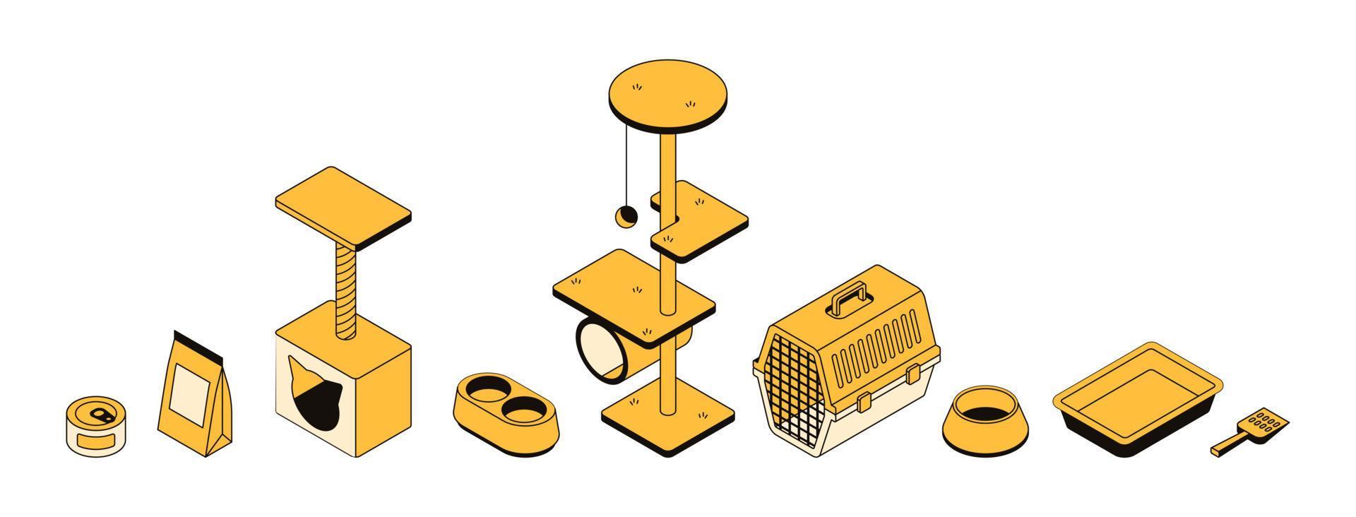 Vector isometric illustration, set of 3d objects for pet shop. Collection of icons on the theme of animal care. Pet carrier, scratching post, food for cats and dogs, bowls and other accessories