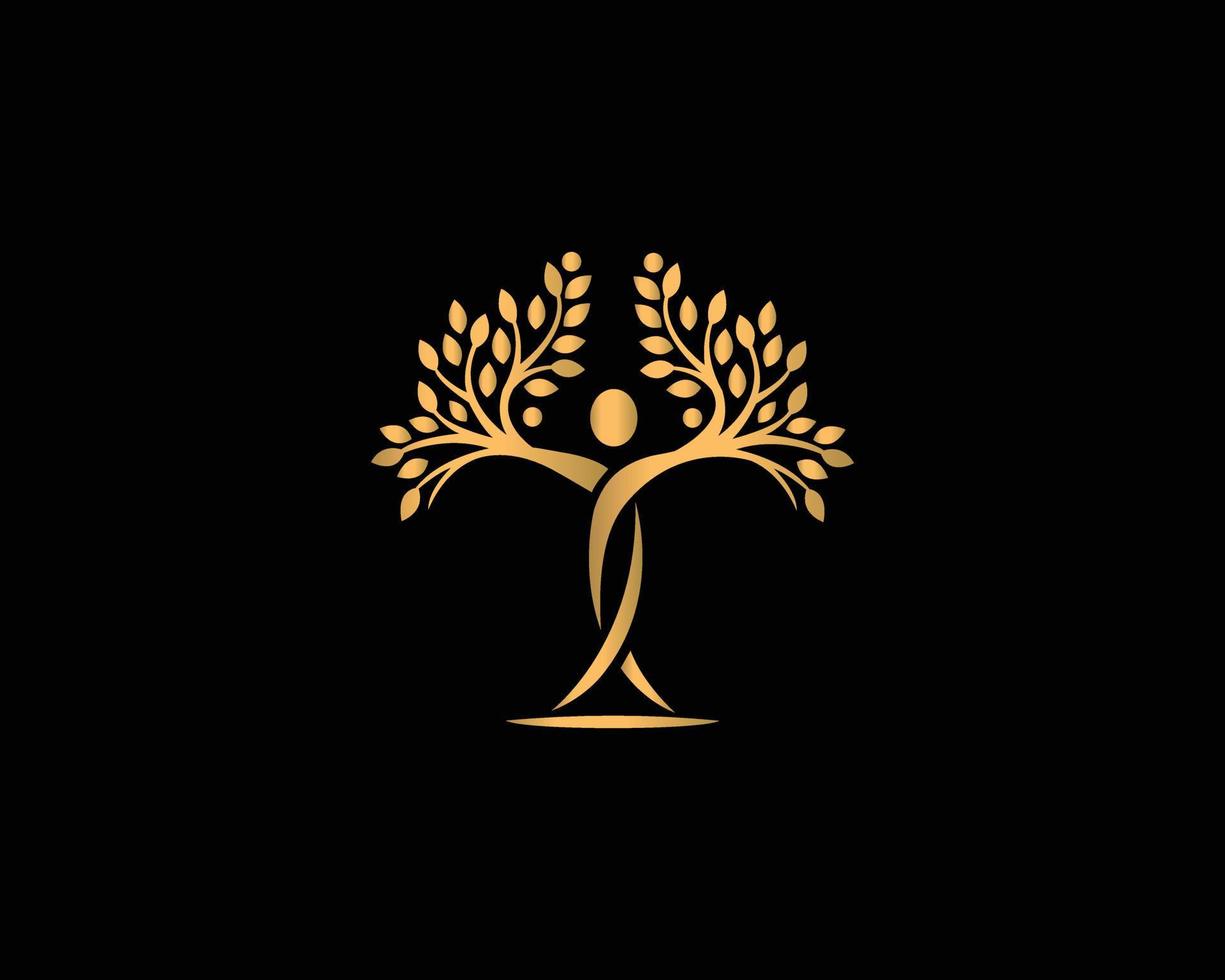 estilo de vida saludable con diseño de logotipo de vector plano de símbolo de yoga de árbol de color dorado.