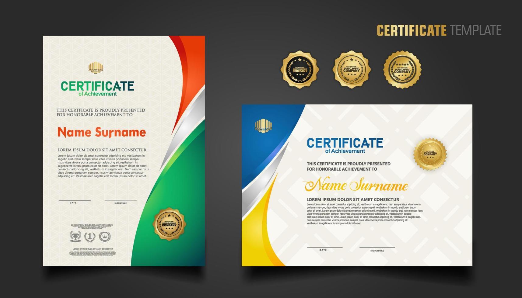 Modern certificate template with beautiful combination color on waving shape background vector