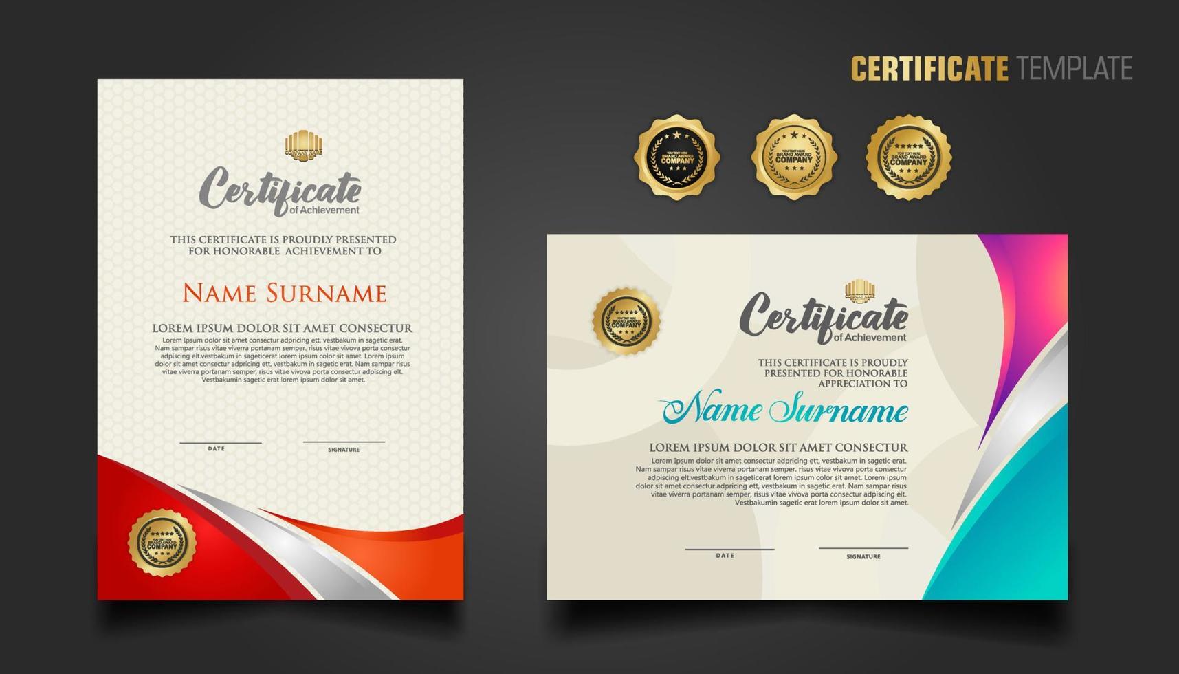 Modern certificate template with beautiful combination color on waving shape background vector