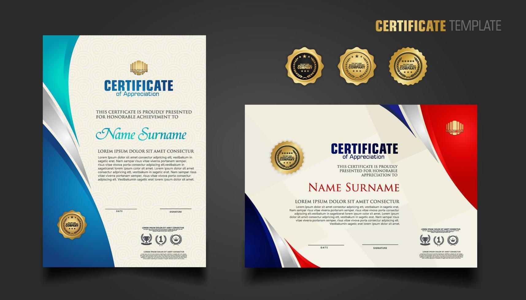 Modern certificate template with beautiful combination color on waving shape background vector